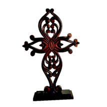 Pier 1 Wooden Carved Pedestal Cross Brown with Copper Glaze - £17.22 GBP