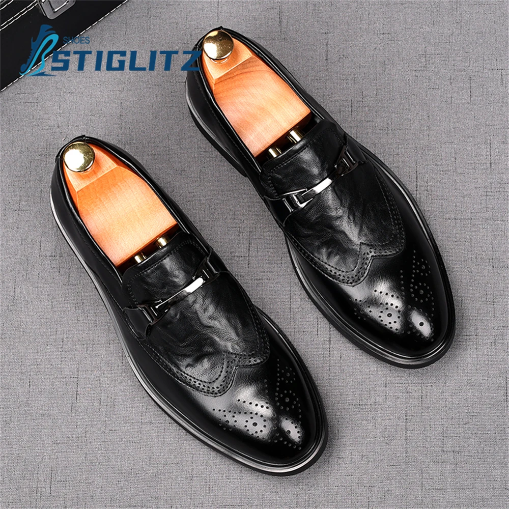 Gradient Shallow Brogues Round Toe Slip On Soft Sole Shoes Men&#39;s Genuine... - $99.57
