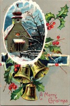 c1910 Vintage Postcard: Merry Christmas w/Church &amp; Bells,holly nostalgia a4 - £17.76 GBP