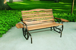 Wood Patio Bench Glider With Trays Outdoor Garden Porch Swing Chair Loveseat - $189.50