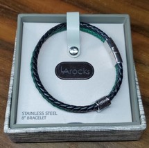 LA Rocks Bracelet NEW Braided Leather Green Black Stainless Steel Magnetic Clasp - £18.49 GBP