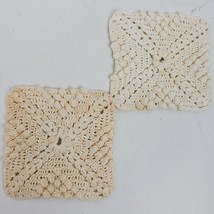 Vintage Hand Crochet Raised Flower Beige 4 Inch Square Doily SET OF 2 - $13.10