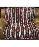 Handmade Crochet Throw Blanket Red Green Cream Rows Christmas 76&quot; x 48&quot; ... - £78.68 GBP