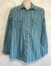 Wrangler Western Men&#39;s Long Sleeve Shirt Silver Thread Aqua Stripe Snaps Pockets - £16.97 GBP