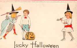 Halloween Postcard Children Girls Witch Hat JOL Pumpkin Broom Nash 8A Unposted - £55.53 GBP