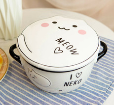 Ebros Pack Of 2 White Maneki Neko Lucky Cat Porcelain Kids Food Bowls W/Lid 25Oz - £24.26 GBP