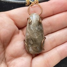 Petoskey Stone Wire Wrapped Pendant Necklace Leather Brass Copper Brutalist 19” - £39.05 GBP