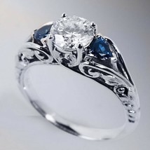 925 Sterling Silver Round Cut Real Moissanite &amp; Blue Sapphire Engagement Ring - £168.83 GBP