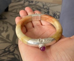 7.1&quot; 925 Silver Genuine Honey Yellow Burmese Jade Women Handmade Bangle ... - $58.41