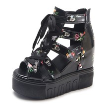 ADBOOV Flowers Print Peep Toe Wee Sandals Women PU Leather Back Zip Platform Sum - £50.21 GBP