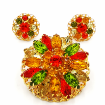 Vintage Rhinestone Brooch and Earring Set   Yellow Orange and Green Retro Pin  - £21.35 GBP
