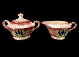 Spatterware Porcelain Footed Creamer &amp; Covered Sugar Bowl, Red on White,... - $19.55