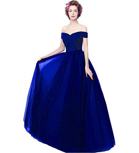 Off The Shoulder Tulle Long Pleats Evening Prom Dress with Sash Royal Blue US 6