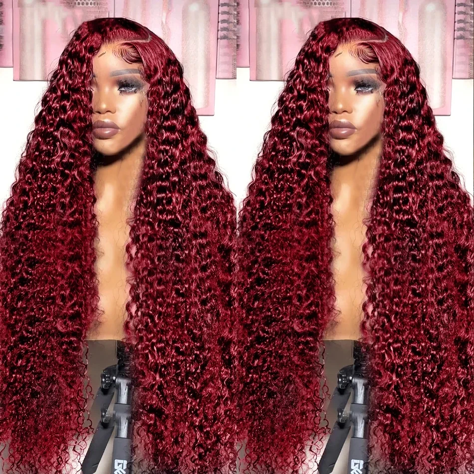 Curly Burgundy 13x6 HD Lace Frontal Wig Human Hair Brazilian 99J Red Color - £67.72 GBP+