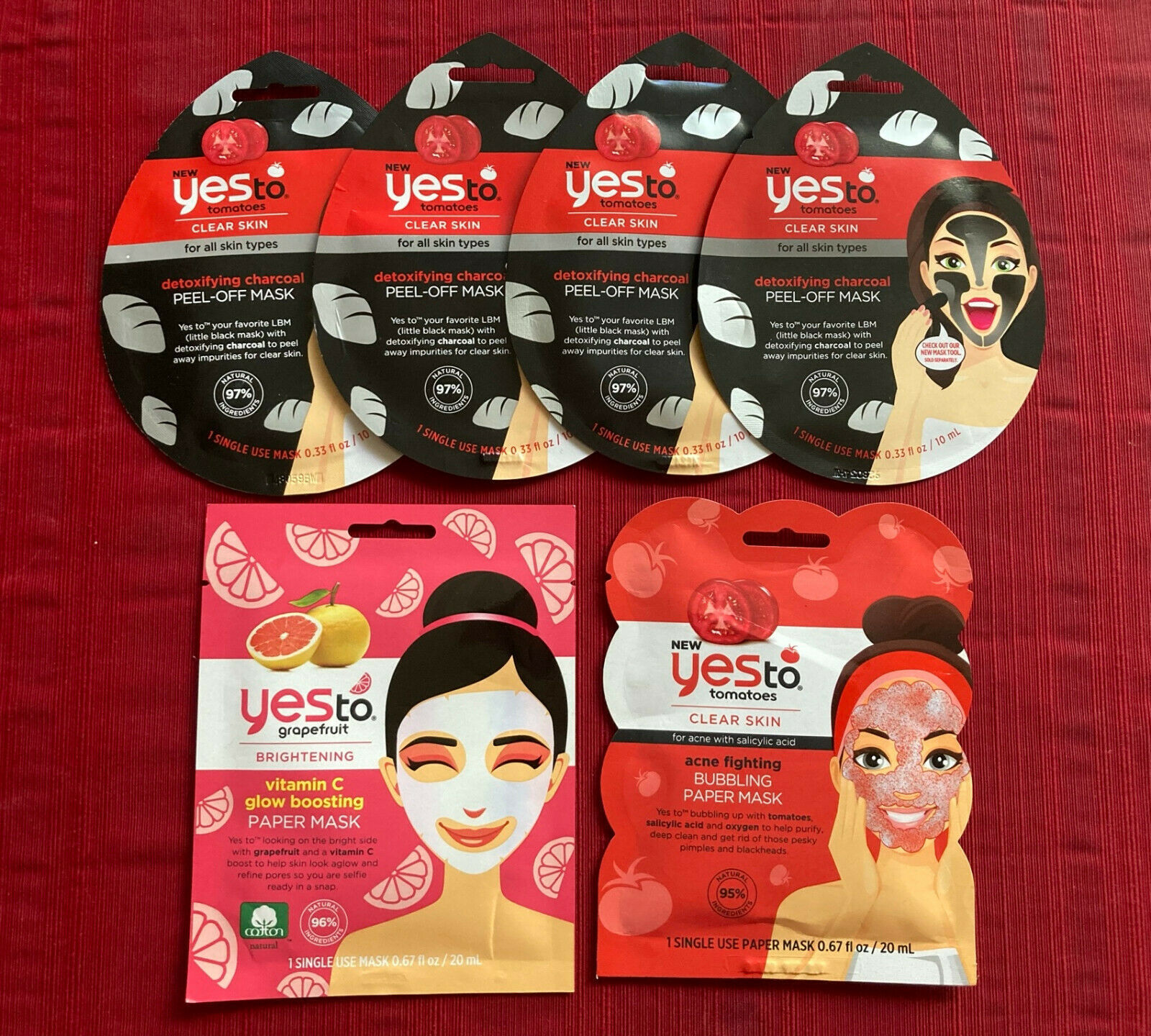 Lot of 6 Yes To Single Use Facial Masks:  (5)Tomatoes + (1) Brightening - $14.00