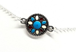 Flower Choker Silver Plated Chain Round Colourful Flower Native Indian Inspired - £4.23 GBP