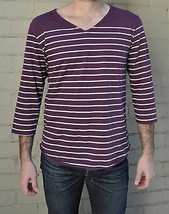 Nonnative Maroon White Stripe Cotton 3/4 Sleeve V-Neck Shirt 2 - $68.80