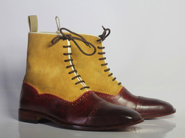 Handmade Men’s Burgundy &amp; Tan Ankle Cap Toe Boot, Men Leather Suede Lace... - £127.42 GBP+