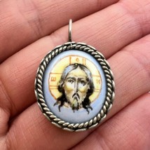 Vintage Silver 925 Christian Jewelry Pendant Icon Enamel Porcelain Jesus... - £50.46 GBP