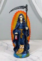 Standing Green Santa Muerte Skeleton With Scythe Hourglass And Wise Owl Figurine - £27.17 GBP