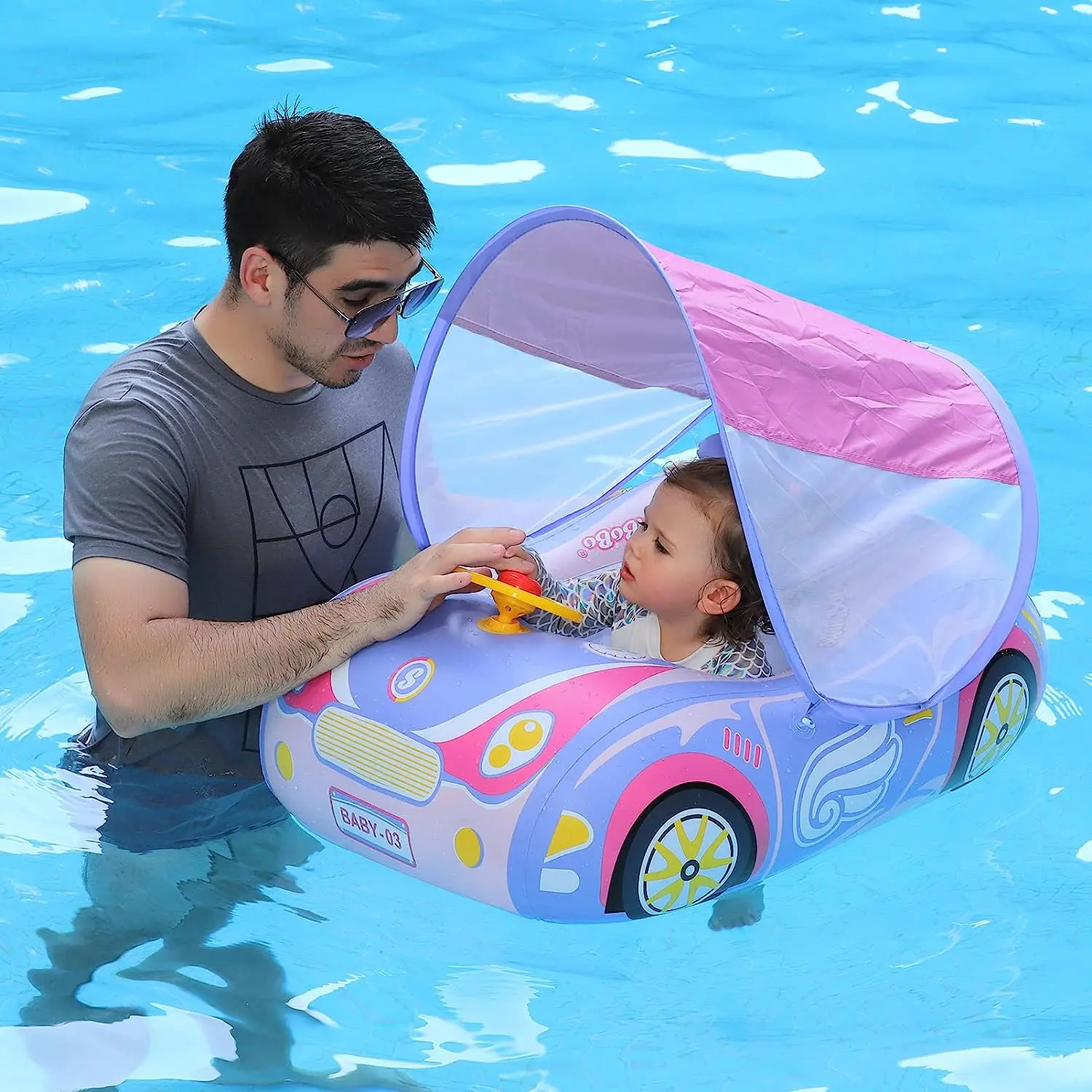 Baby Pool Float With Canopy Inflatable Car Swim Ring Float Upf50+ Protection - £33.69 GBP+