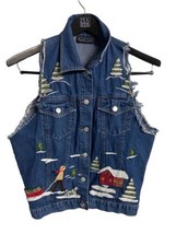 N Directions Blue Jean Vest Womens L Ugly Christmas Denim Frayed Arm Holes - £11.53 GBP