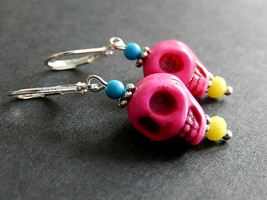 Neon Skull Earrings, Lever back Earrings, Pink Sugar Skull Jewelry, Day of the D - £14.38 GBP