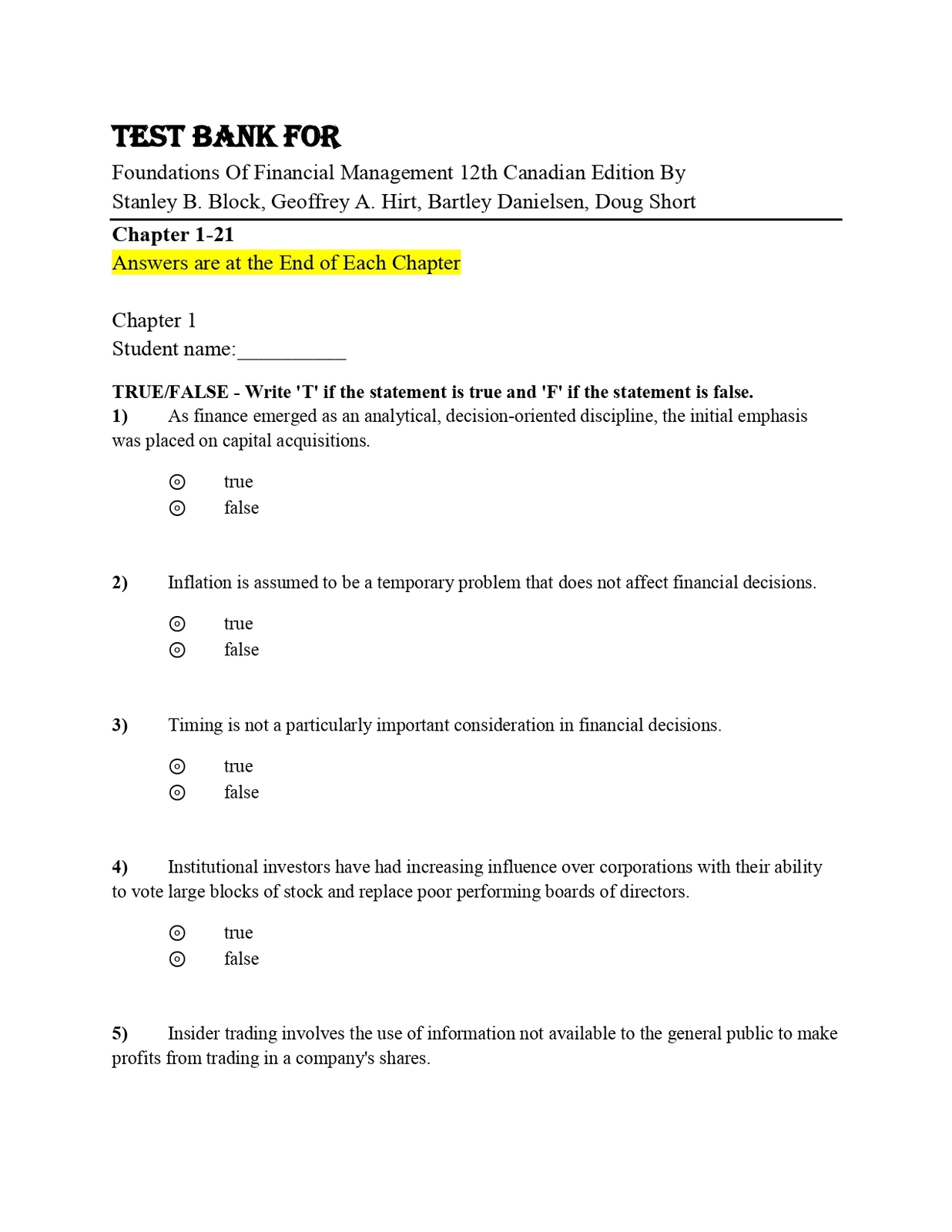 Test Bank for Foundations Of Financial Management 12th Canadian Edition ... - $17.99