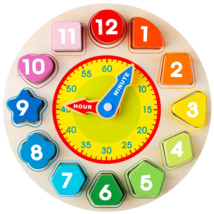 Teaching Time Number Blocks Puzzle Wooden Shape Color Sorting Clock - £23.38 GBP