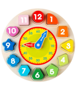 Teaching Time Number Blocks Puzzle Wooden Shape Color Sorting Clock - £23.52 GBP