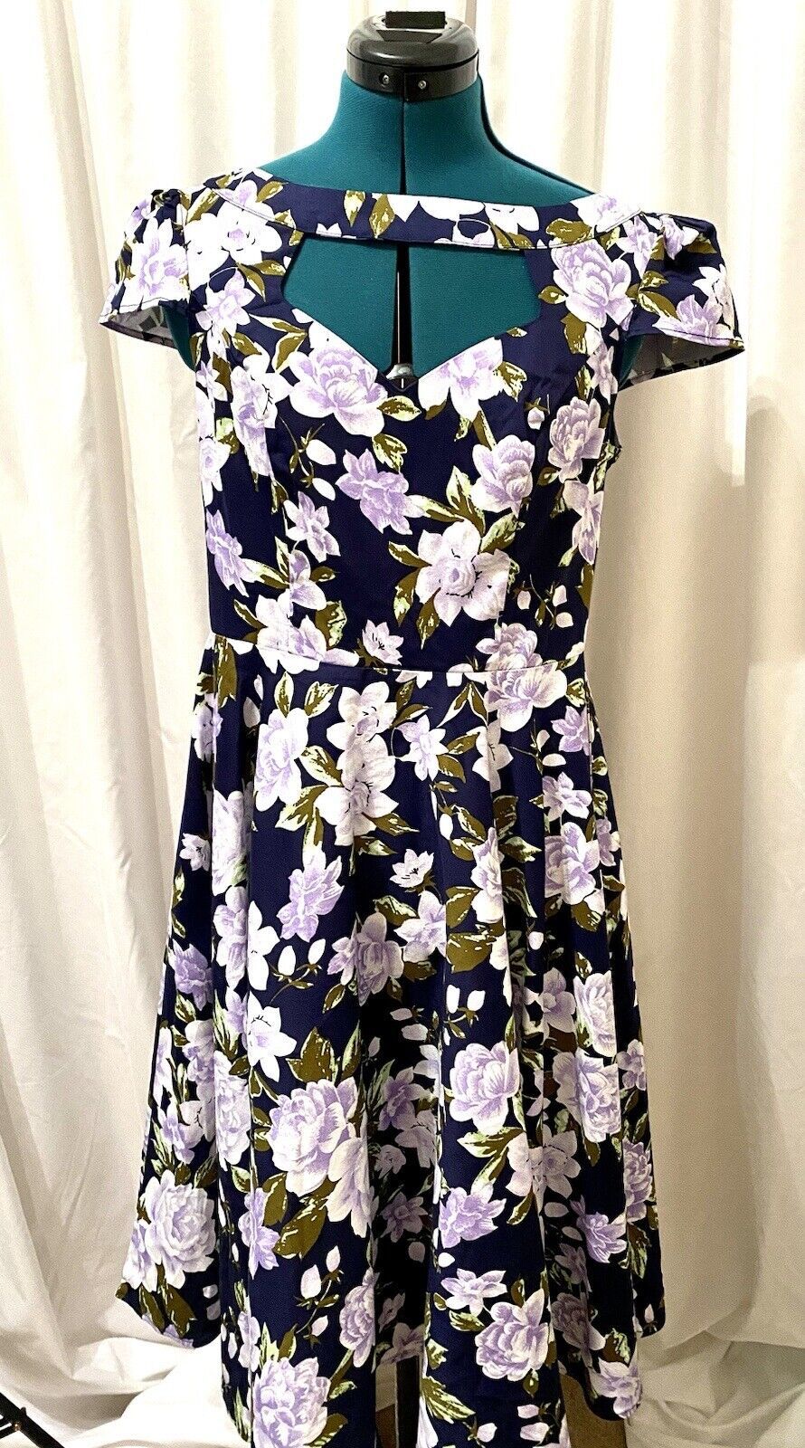 Primary image for Belle Pogue LG Pin Up Rockabilly Navy And Lavender Floral Dress With Full Skirt