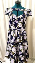 Belle Pogue LG Pin Up Rockabilly Navy And Lavender Floral Dress With Full Skirt - £19.18 GBP