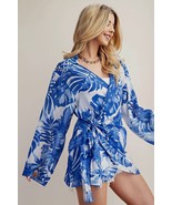 New GIGIO S M L Blue White Tropical Leaves Collared Wrap Long Tunic Top ... - £20.26 GBP