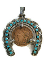 1906 Indian Head One Cent Penny Coin Pendant Charm Silver-tone Turquoise Bead - £39.32 GBP