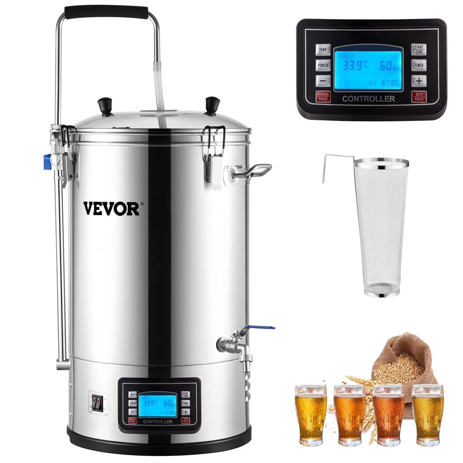 VEVOR Electric Brewing System, 9.2 Gal/35 L Brewing Pot, All-in-One Home Beer Br