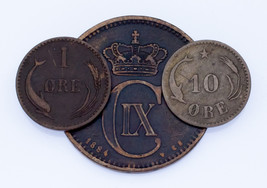 Lot of 3 Denmark Coins 1875 - 1884 Fine - VF Condition 1 - 10 Ore - $72.75