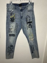 THRT Graffiti Paint Splatter Blue Denim Straight Leg Denim Jeans Size 42x28 - $39.59