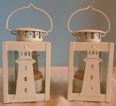 Set Of 2 White Lantern Metal 4&quot; Nautical Lighthouse Tealight Candle Holder - £11.69 GBP