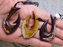 3 Maori Fish Hook Pendant Necklaces Hei Matau Hand Carved Surfer Gift Closeout S - £16.51 GBP