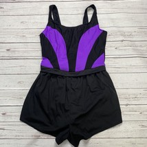 Vintage Palisades Beach Club One Piece Swimsuit Black Neon Purple Romper... - £27.65 GBP