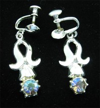 Dark Ab Rhinestone Earrings Drops Vintage Aurora Borealis Silvertone Screw Back - £10.26 GBP