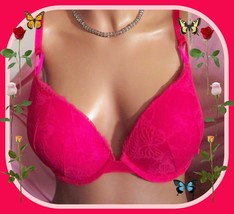 38D Hot Pink BUTTERFLY LACE Extreme Lift Victorias Secret Plunge PushUp ... - $39.99