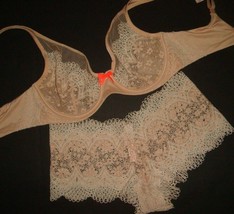 Victoria&#39;s Secret unlined 34D BRA SET M shortie panty BEIGE white lace orange - £54.48 GBP