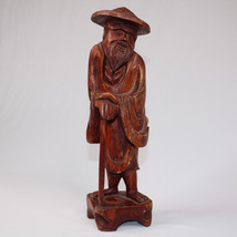 Vintage Chinese Or Japanese Boxwood Carved Statue Figure Of Man With Hat &amp; Cane - £11.42 GBP