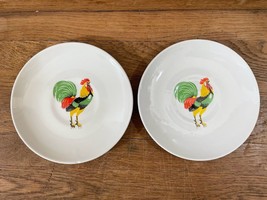 Pair of Colorful Crowing Rooster Saucers Vintage Ceramic Transfer Rooste... - $14.49