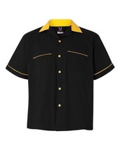 Hilton Bowling Shirt Button Up Mens LARGE Casual HP 2244 Black Gold Retro League - £48.66 GBP