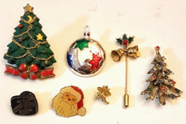 Holiday PIN LOT of 7 Rhinestone Christmas Tree Holly Bells Santa Ornament Angel - £15.76 GBP