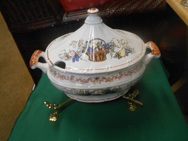 Magnificent Large Porcelain TUREEN on Brass Legs Stand-Floral Design - $27.31