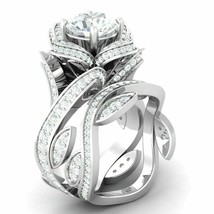Lotus Bridal Wedding Ring Set 3.40Ct Round Cut Diamond 14K White Gold in Size 9 - £249.05 GBP