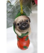 Teacup Pug Puppy Dog In Red Holly Sock Christmas Tree Small Hanging Orna... - $20.50 CAD